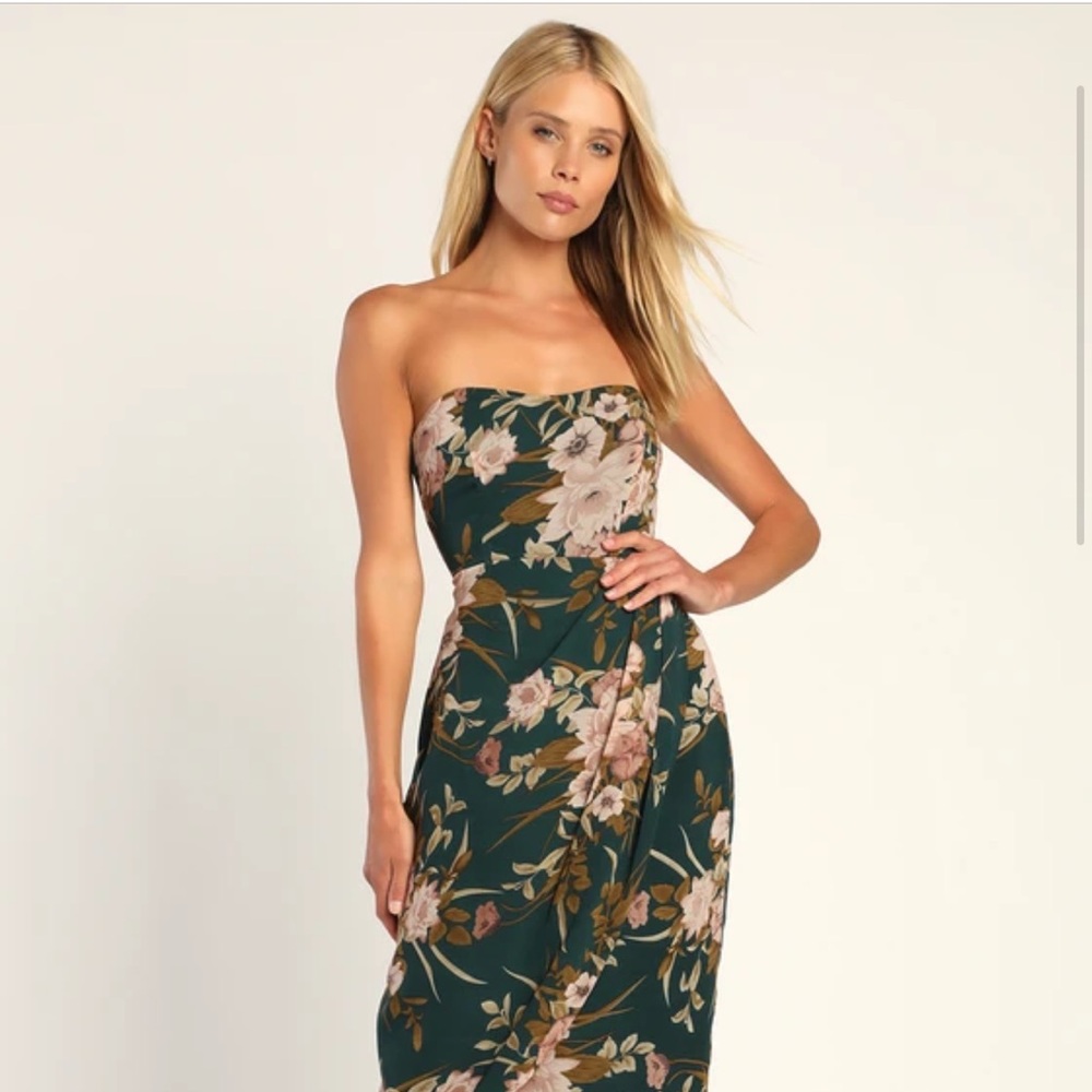 Lulus Effortless Charm Hunter Green Floral Strapless Tulip Midi Dress-NWT